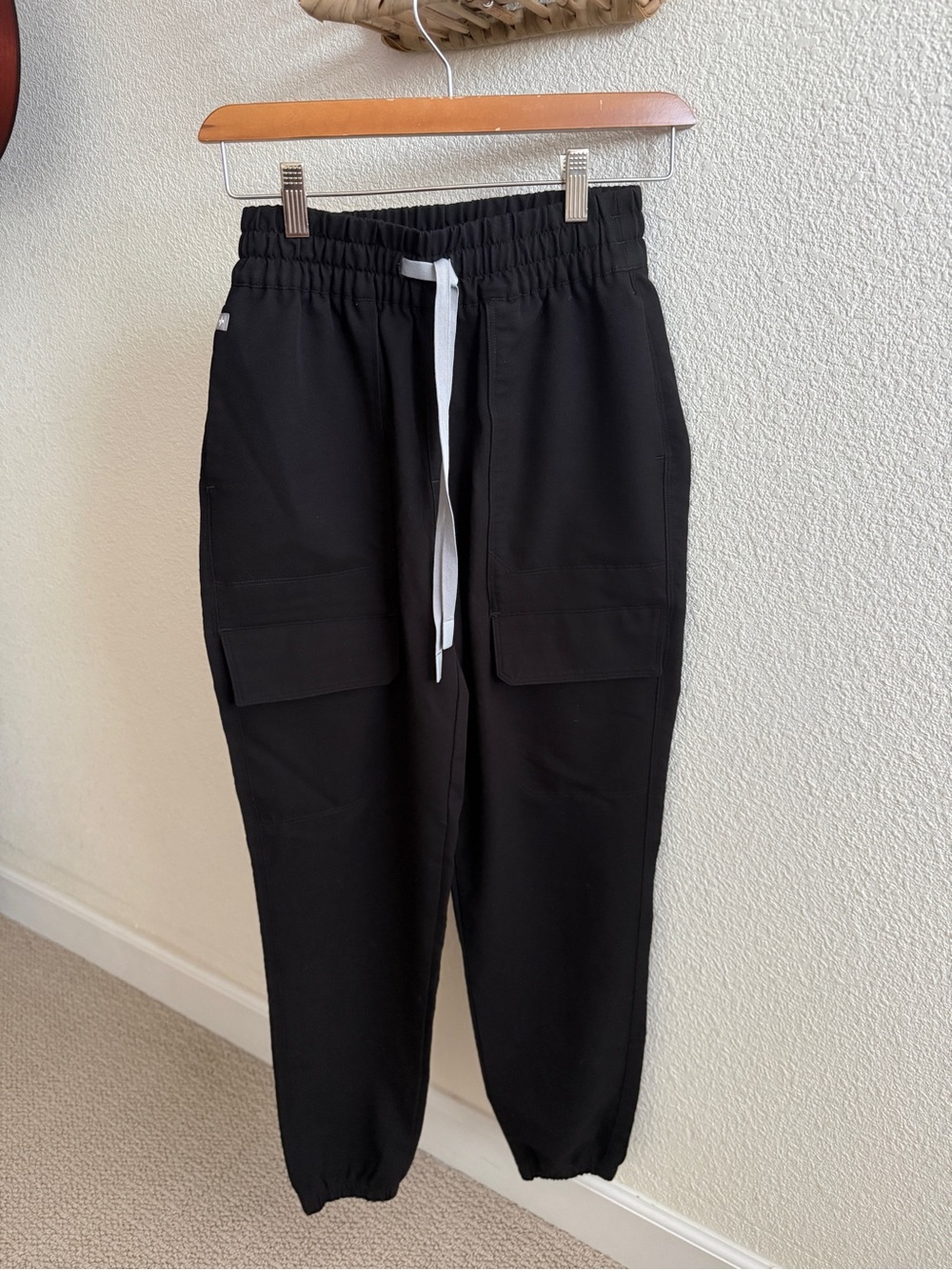 Figs Black Cargo Jogger Pants with White Drawstring